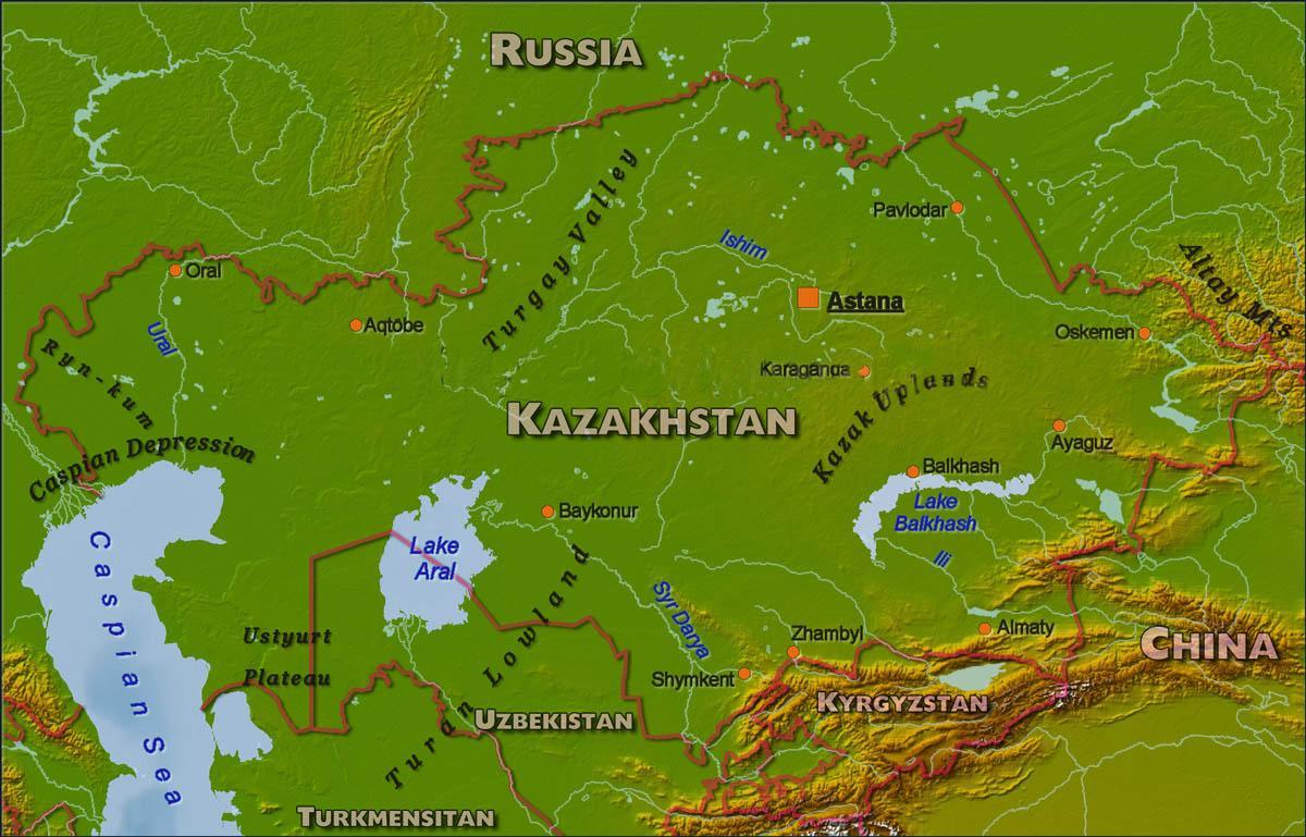 Kazakstan fyysinen kartta - Kartta Kazakstanin fyysinen (Keski-Aasia -  Aasia)